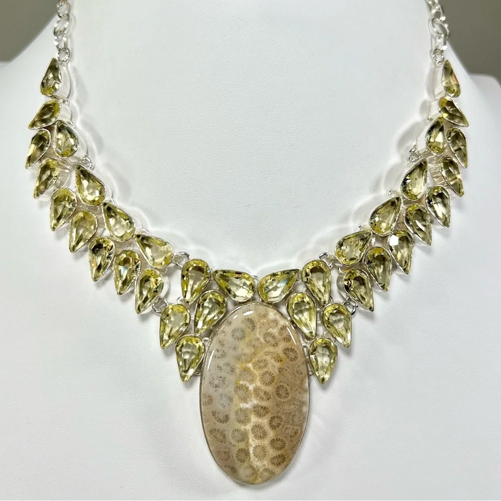 Fossil Coral 925 Large Gemstone Necklace Bracelet & Earrings - Picture 9 of 11